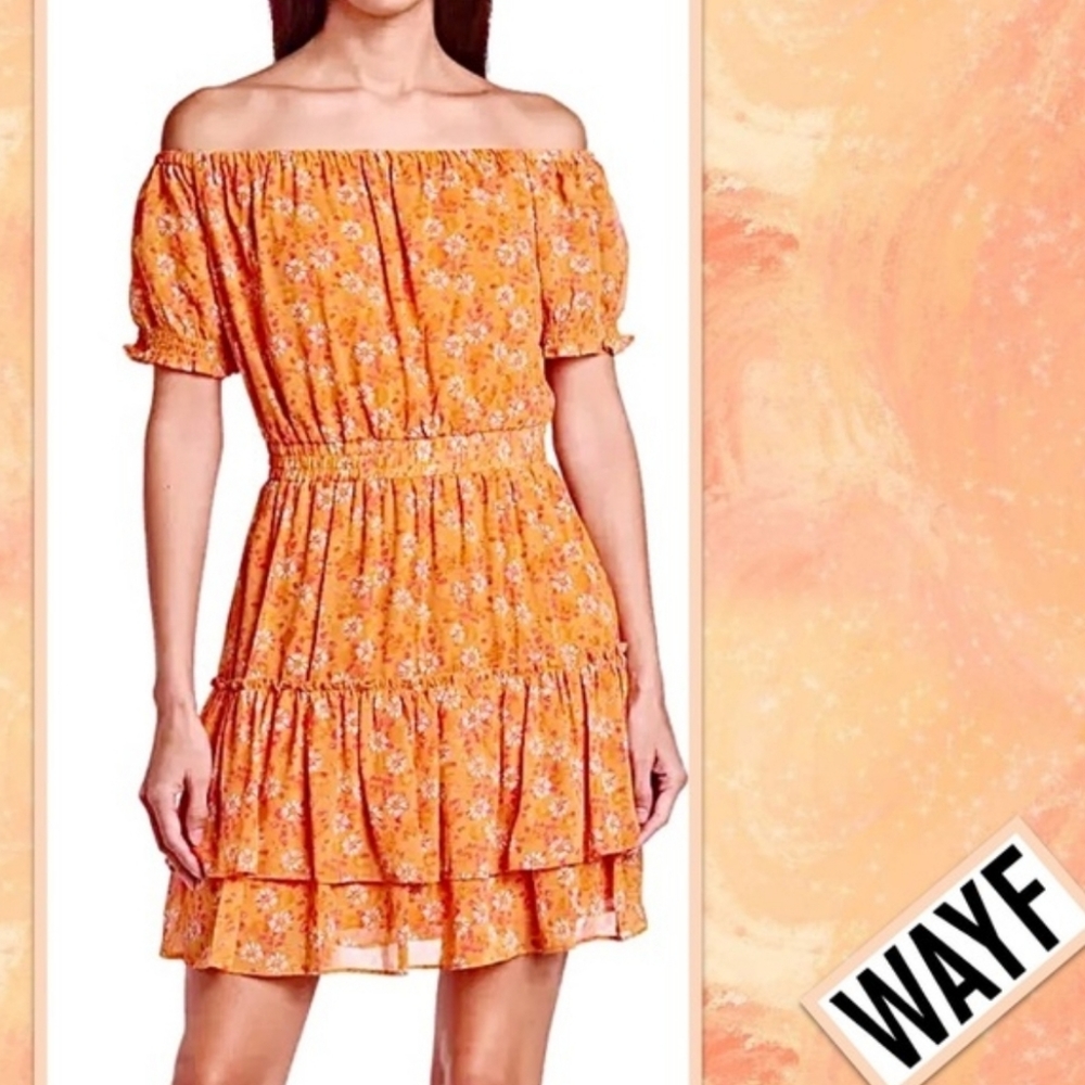 NWT Wayf Off-The-Shoulder Mini Dress in Orange Daisies (Orange, White, Fuchsia)